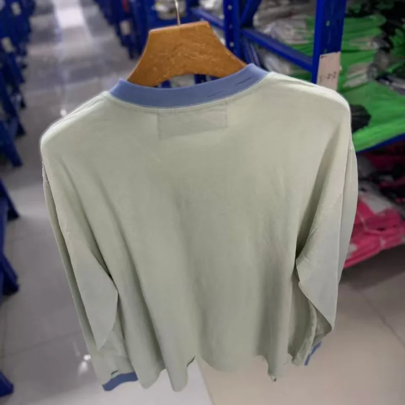 Mens Y2K Retro Long Sleeve T-Shirt Loose Two Tone Rib Collar Bling Horror Face Thrashed Top