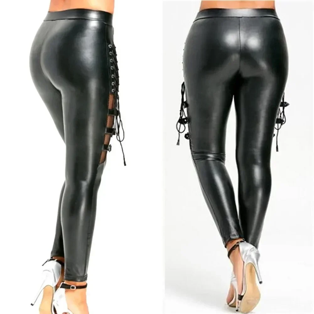 Trendige Spitzenhose für Damen, schmale Hose im Gothic-Punk-Stil aus PU-Leder mit Spitzenhose mit Netzbesatz und elegantes Design