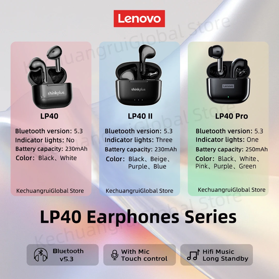 Original Lenovo LP40Pro LP40 LP40II Wireless Bluetooth 5.3 Earphones TWS HiFi Earbuds Sport headset Long Standby with Mic 2025