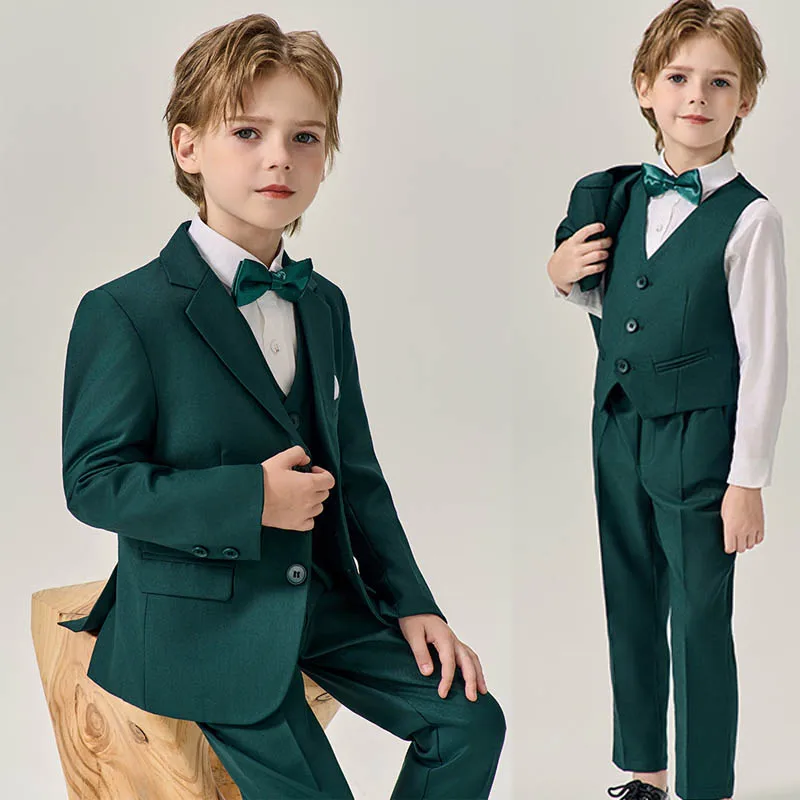 Boys Dark Green Jakcet Vest Pants Bowtie Evening Party Dress Children Wedding Photograph Suit Kids Ceremony Performance Costume