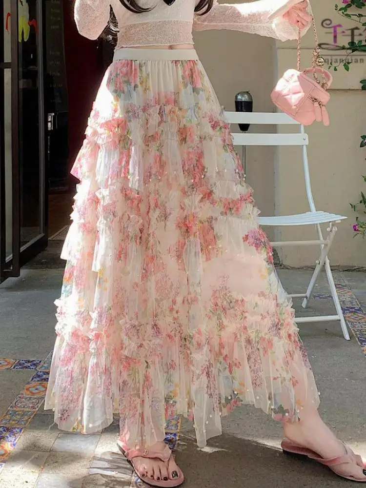 

Vintage Women Pink Mesh Flower Embroidery High Waist Pleated Long Skirt Summer Elegant Holiday Ruffle Edge Skirt 2025 Streetwear