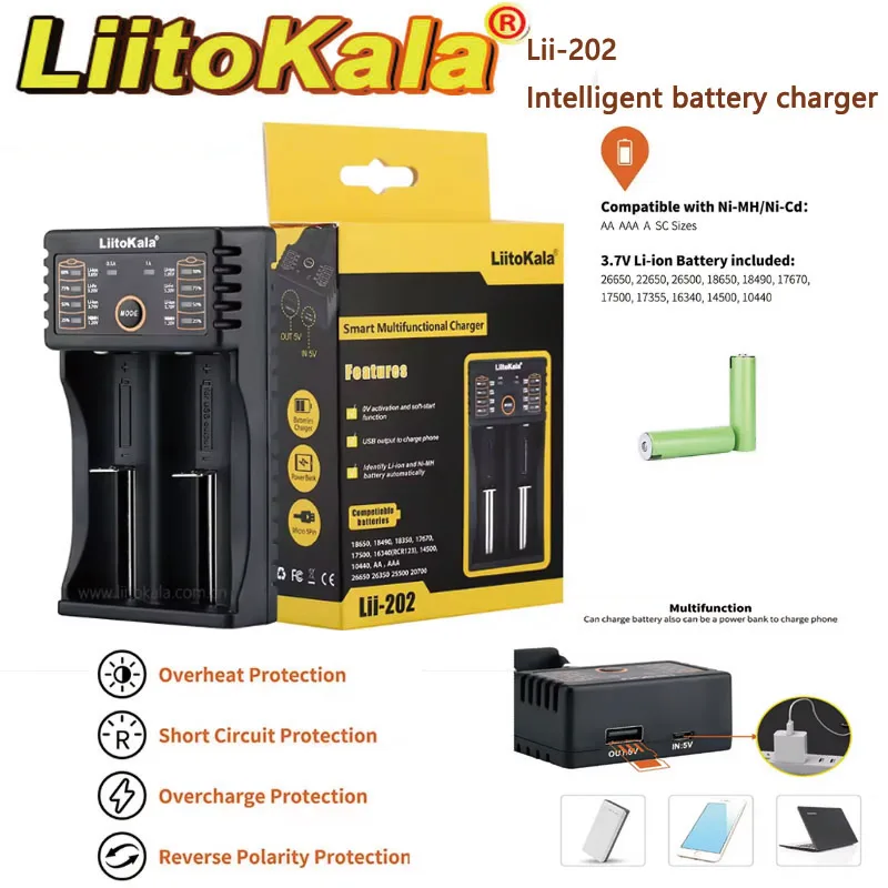 LiitoKala Lii-202 Smart Lithium-Ion Battery Charger for Models 18650 26650 16340 14500 General-Purpose Charger