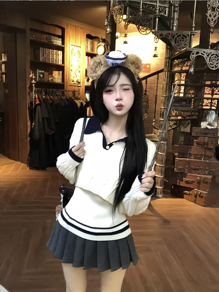 

Khaki Ne Knitted Sweater Two-Piece Set Women's Faion Autumn Winter Korean Sle College Wind Straight Tube pe