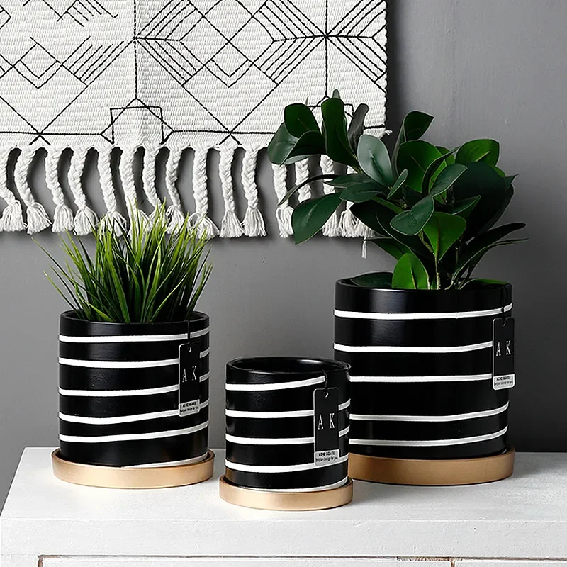 Nordic Black And White Striped Ceramic Flower Pot With Tray Round Potted Desktop Flower Arrangement Container Home Decorations