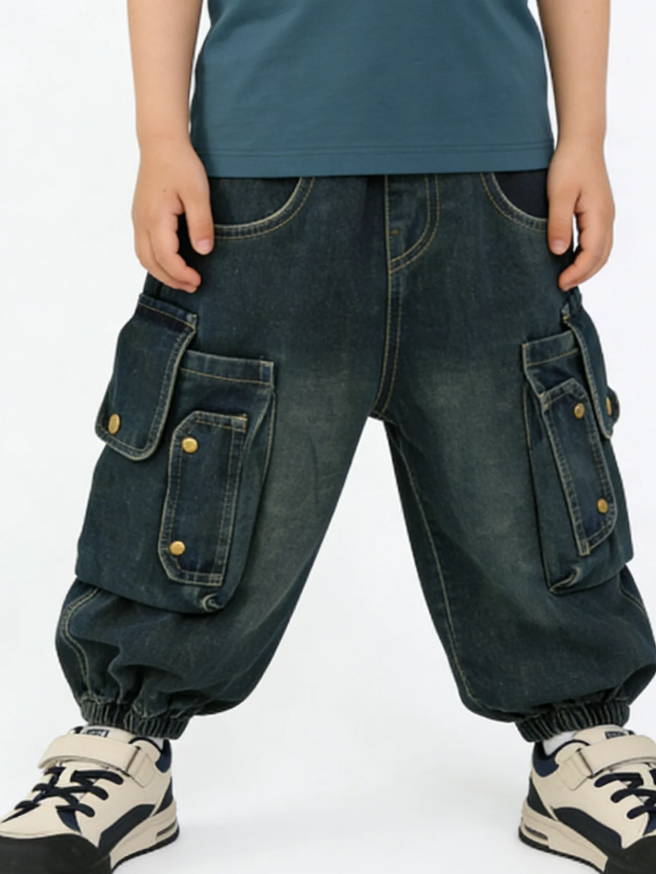 Boys Dark Wash Cargo Denim Joggers Kids Multi Pocket Baggy Pants Children Elastic Waist Workwear Trousers 2026 New