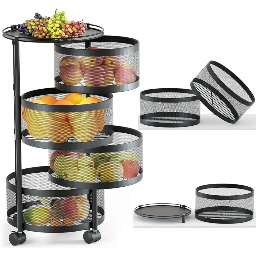 

Storage Rack,Potatoes Storage Basket with Wheels,Fruit Basket Rotating Storage Metal Material 4 Tier（4+1 Layer）