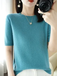 New Chic Women Summer T-shirt O-neck Short Sleeve Pullover Sweater Merino Wool Knitwear Basic Soft Clothing Korean Style Tops