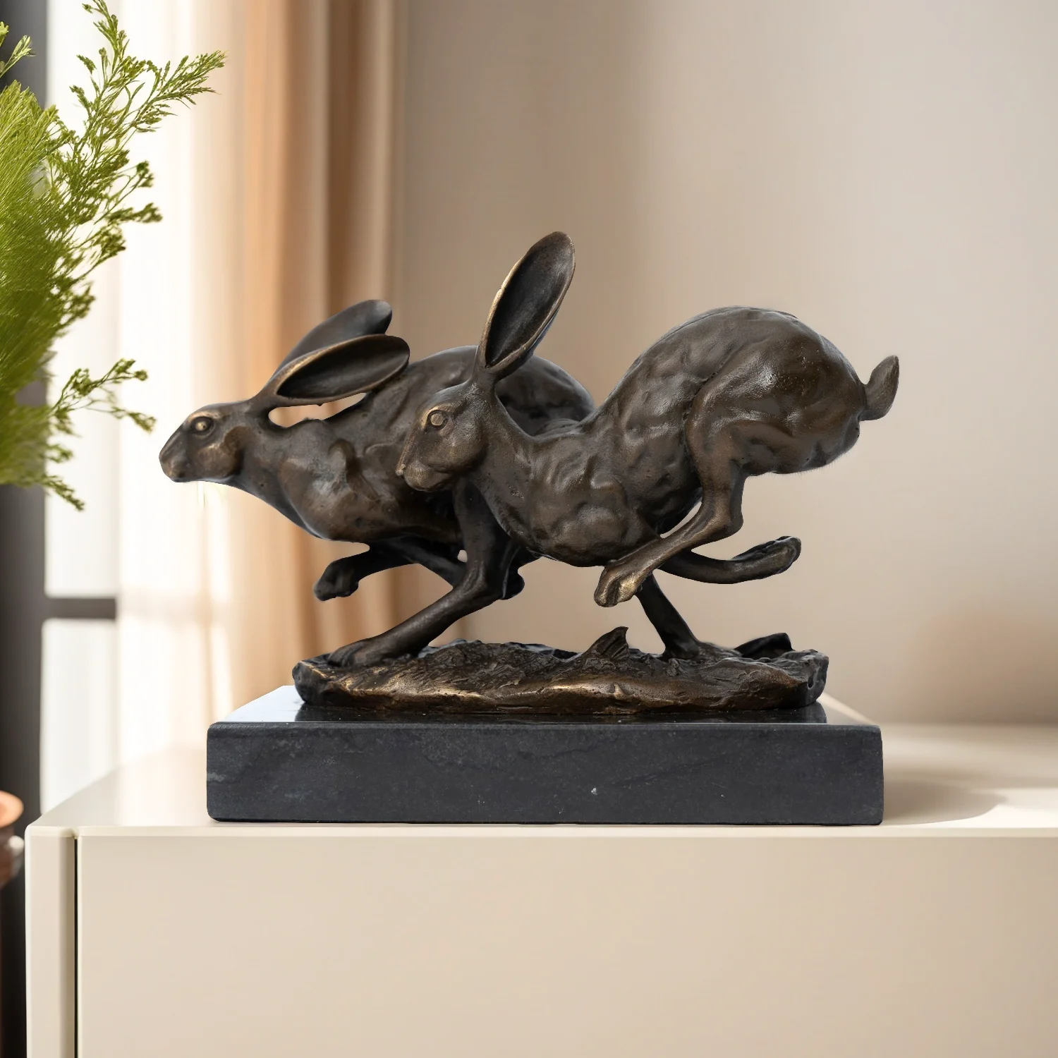 

Bronze Rabbit Statue Hares Rabbit Bronze Sculpture Easter Bunny With Marble Base Figurine Art Decor For Home Ornament Lucky Gift