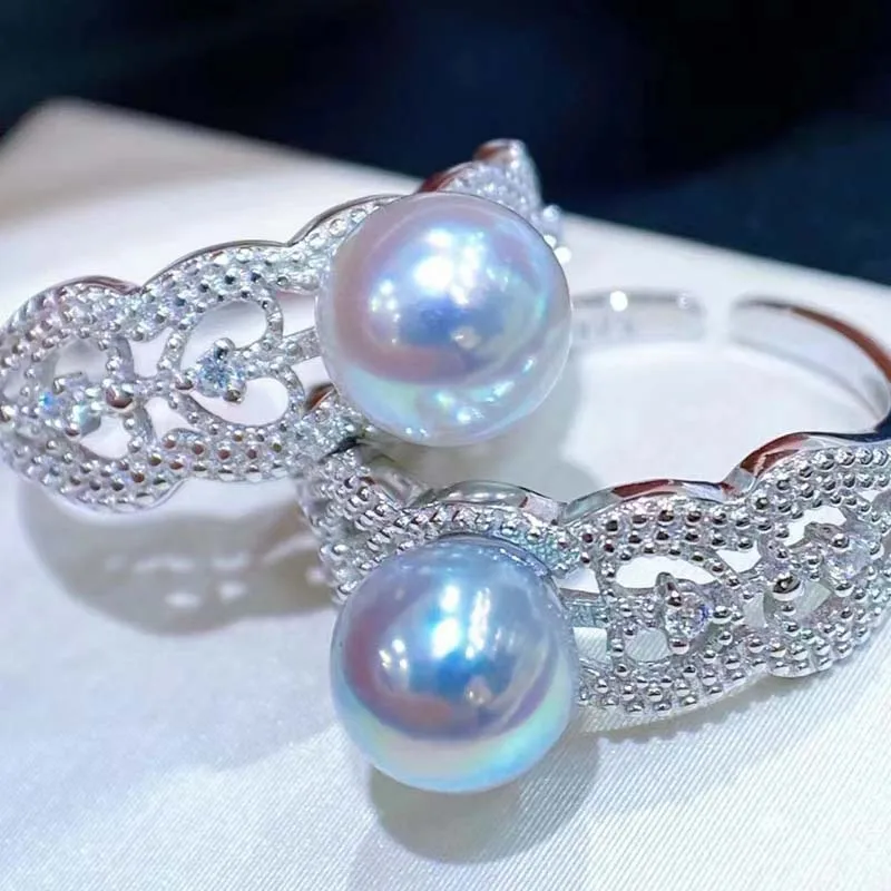 

Lace Design S925 Sterling Silver Japanese Seawater Pearl Ring - 7-8mm Round Silver-Gray Pearl with Strong Luster, Near-Flawless