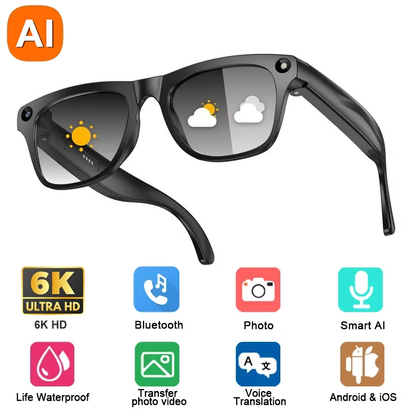 6K HD AI Camera Bril 800MP Fotochromatische Multifunctionele Smart Bril Bluetooth Bellen Foto Video ChatGPT Muziek Vertaling