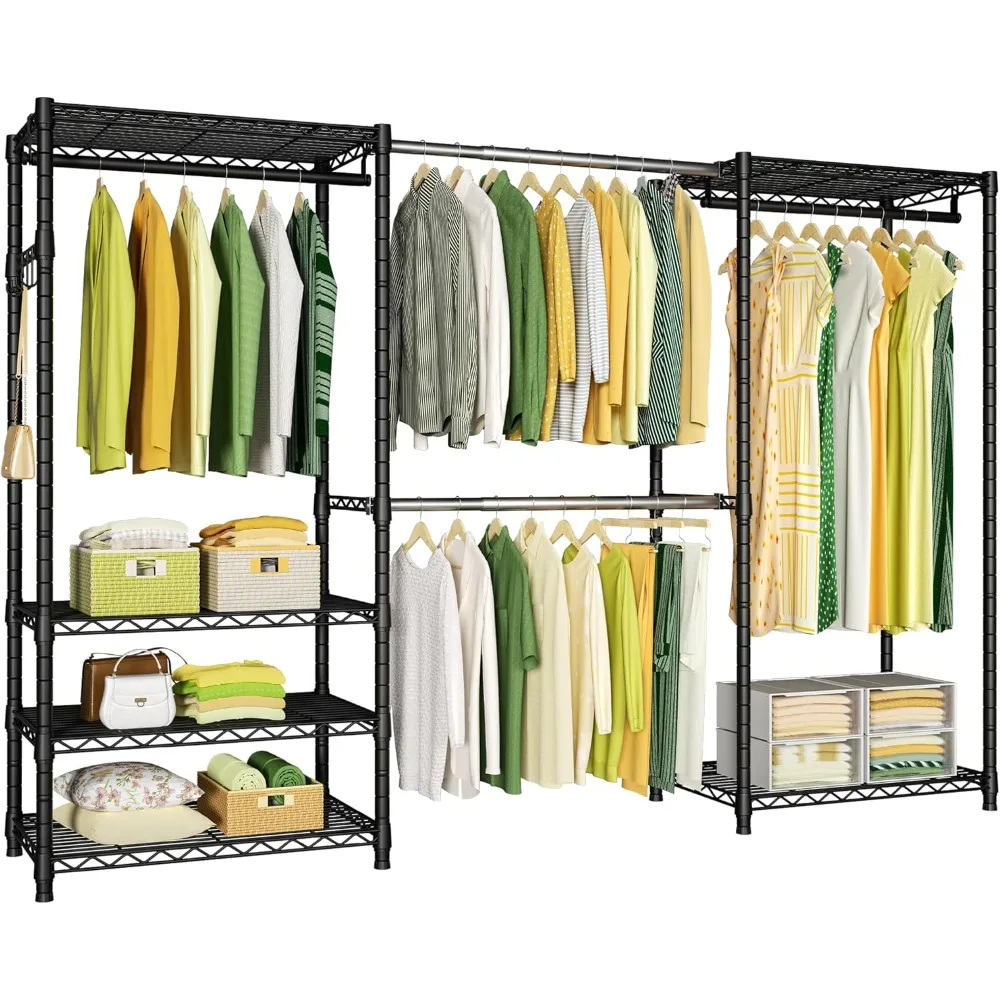 

E1 Heavy Duty Closet Garment Rack, 6 Tiers Adjustable Metal Freestanding Expandable Clothing Storage with 4 Hanger Rods, Easy