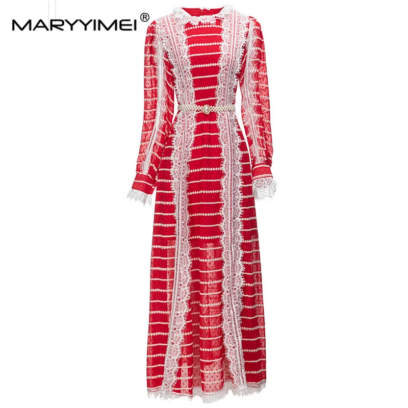 

MARYYIMEI Lantern Sleeve dress Spring Autumn Belt Embroidery Lace Edge Women's Holiday Elegant Long Dresses