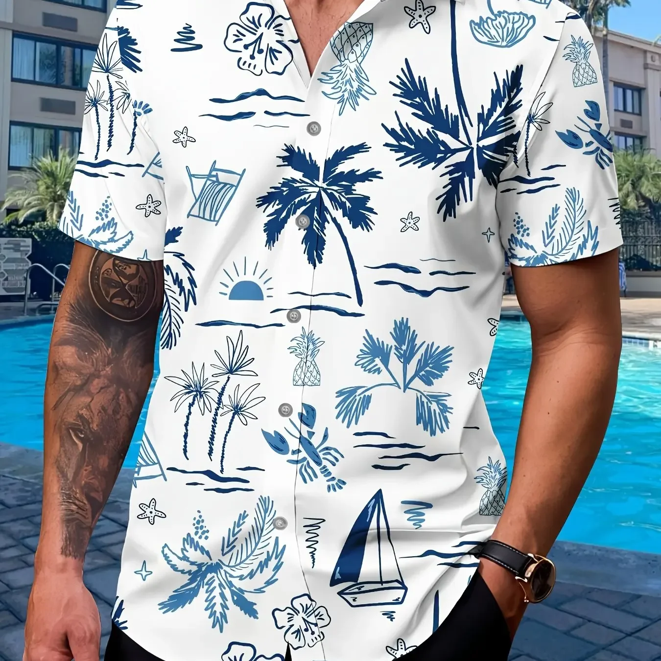 Drop Shoulder Sketch Tropical Short Sleeve Shirt Quick Dry Soft Fabric Moderate Short Length Lapel Pool Casual Top
