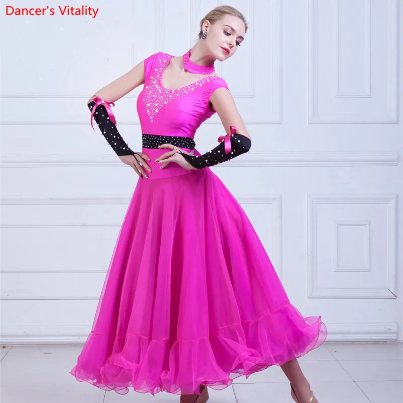 Black /Rose rhinestones Belly Dance Dress Dance Competition Standard Dance Modern Costume Salon Dress Waltz Costumes 3pcs