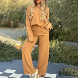 Autumn Fashion Long Sleeve T-shirts Pant Sets Women 2024 Casual O-neck Tops And Wide Leg Pants 2 Piece Sets Women Outfit Elegant