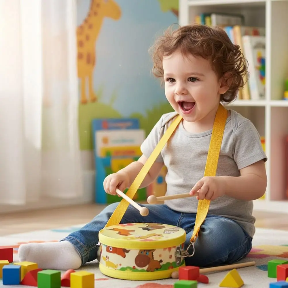 

Wooden Material Wooden Percussion Drum Animal Pattern Double Sided Children's Drum Carry Strap Drum Sticks