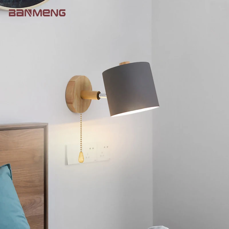

Nordic modern E27 LED wall lamp with switch and EU US plug adjustable wood sconces light indoor home decor bedside bedroom