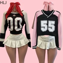 HLJ Fashion Streetwear Women Letter V Neck Long Sleeve Crop Top And Mini Pleated Skirts Two Piece Sets Y2K Female 2pcs Outfits