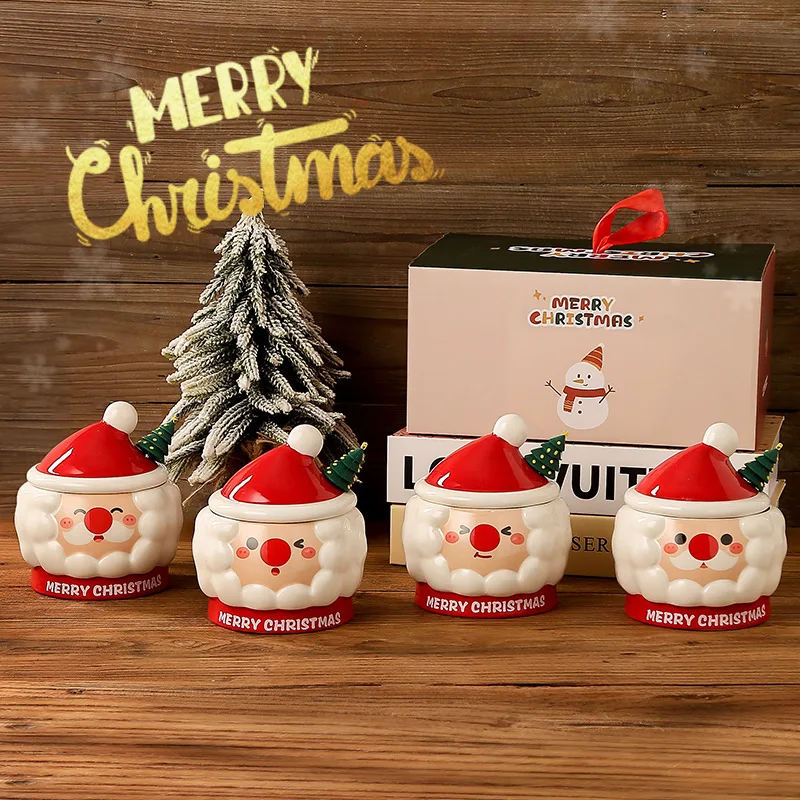 Cute Santa Claus ceramic covered tea cup, New Year's Christmas gift coffee cup, cute couple's commemorative cup