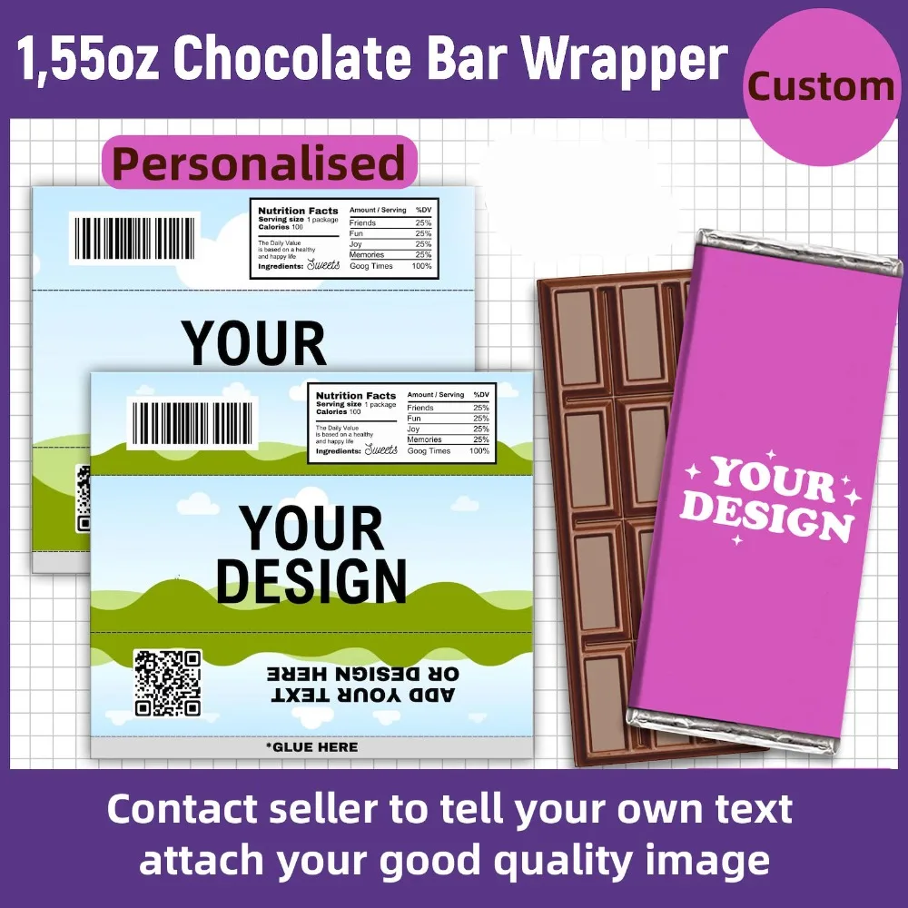 Pegatinas personalizadas para envoltorios de barras de chocolate, su propio diseño, cualquier imagen, ilustraciones, logotipo de la empresa, cualquier tema, etiquetas personalizadas para regalos de fiesta
