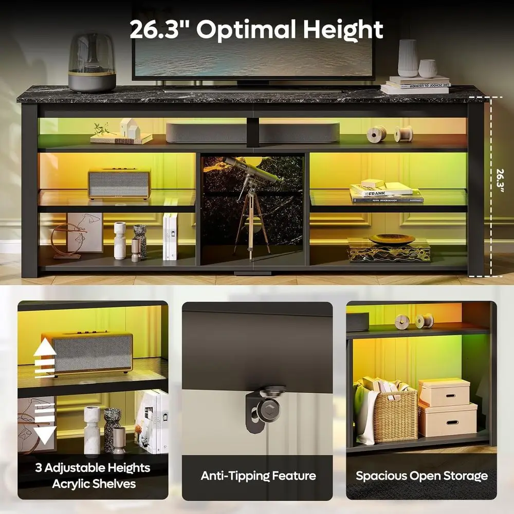 70 TV Stand with Tall Entertainment Center, LED Lights, Gaming Storage, Suitable for PS5, Ideal for Living and Bedroom Spaces, B view 6