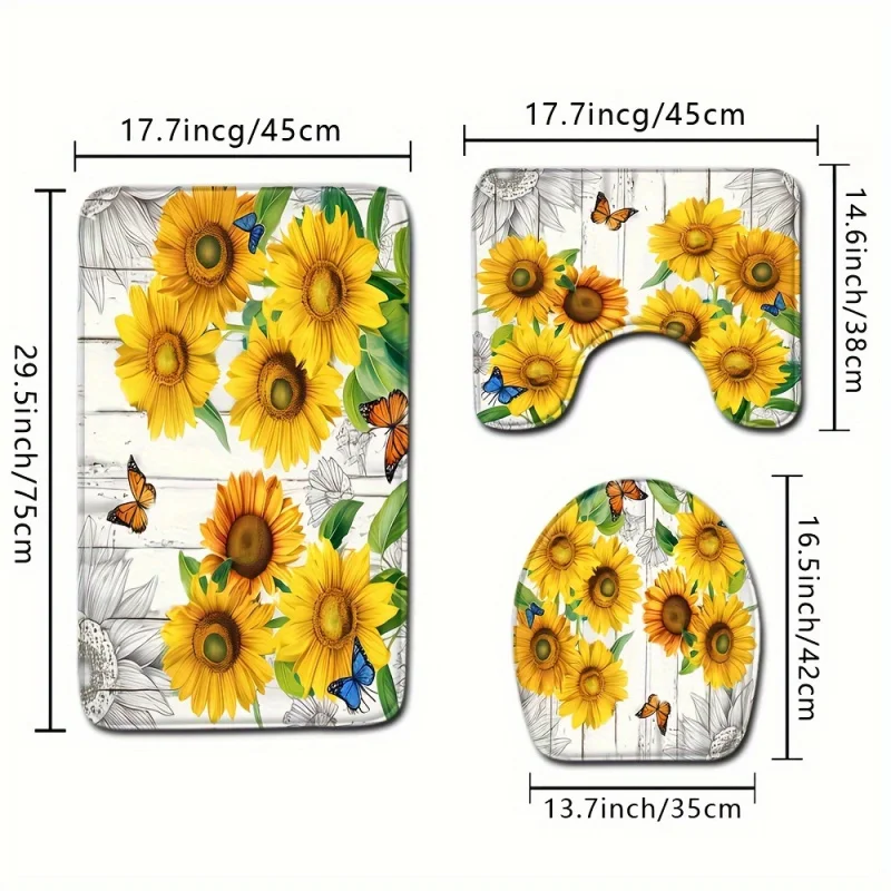 1/3PCs, sunflower bathroom set with butterfly accents, anti-slip bath mat, toilet lid cover and pedestal rug, wood board des