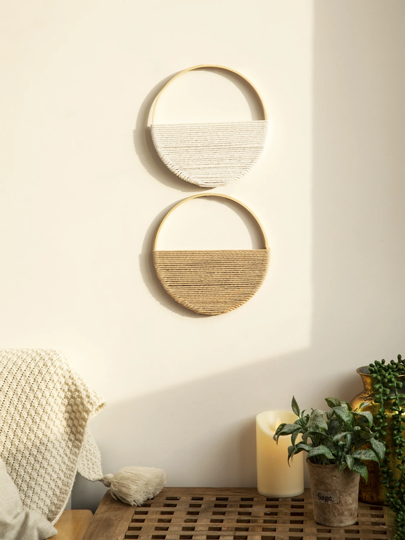 2pcs Macrame Round Wall Hanging Woven Tapestry Bamboo Circle Wall Decor Boho Home Decorations Living Room Decors Aesthetic Gifts