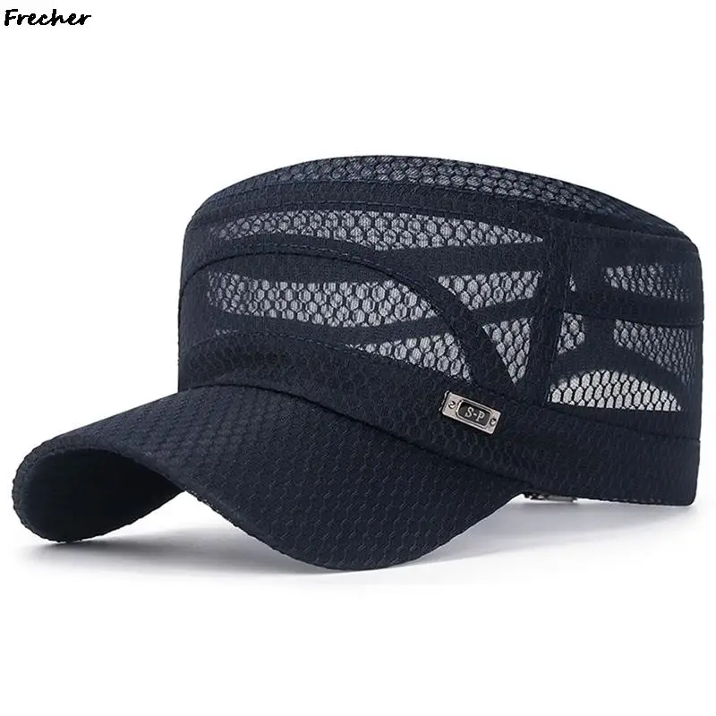 2022 Men Snapback Caps Women Vintage Mesh Flat Top Army Sun Hat Summer Outdoor Cycling Visor Cap Casual Sport Solid Military Cap