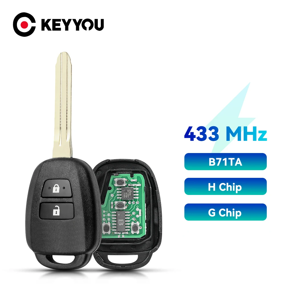 

KEYYOU B71TA 433MHz 2 Buttons Smart Remote Car Key for Toyota Yaris 2014-2017 Vios 2013-2016 FOB G /H Chip TOY43 Blade