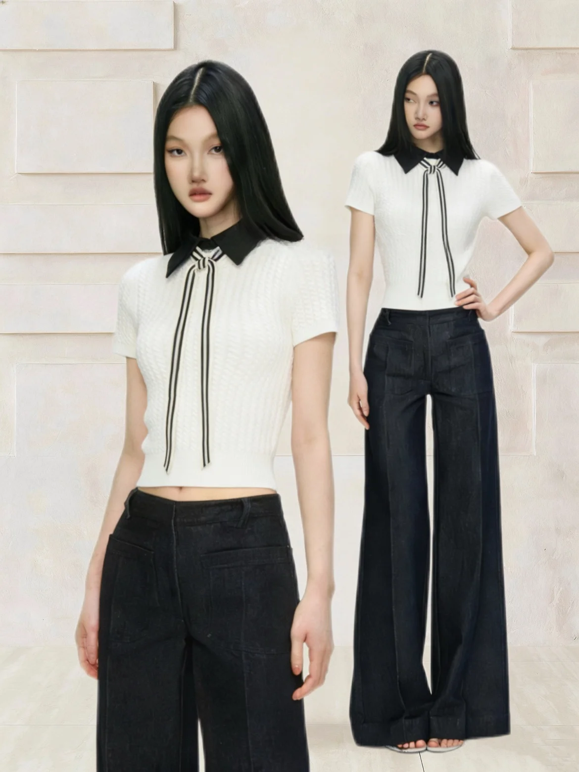 

Elegant Contrast Color Collar Short Knitted Top Vintage Casual Bell Bottom Pants Fashion Set for Young Women in Summer