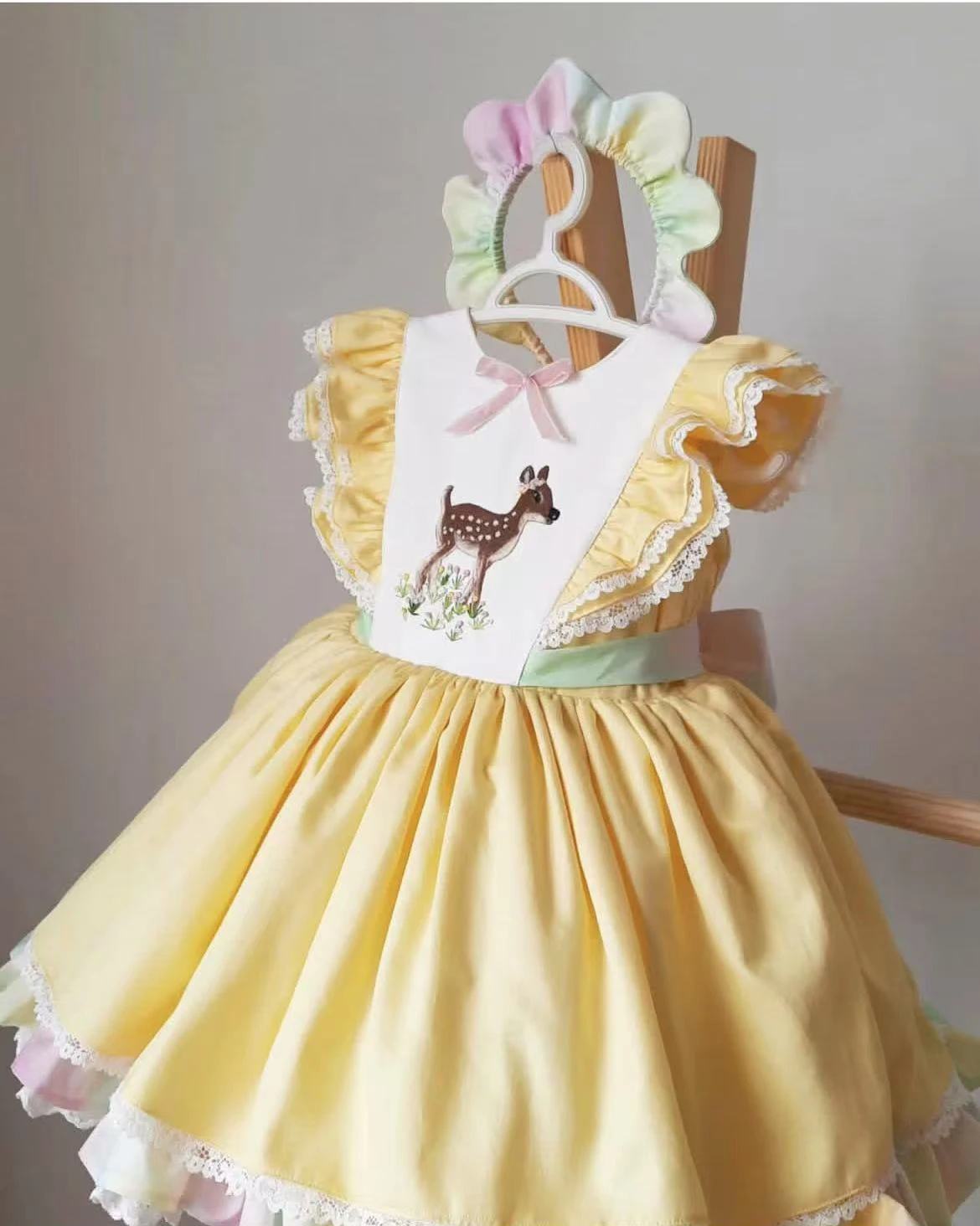 Baby Girl Summer Yellow Deer Embroidery Vintage Spanish Princess Ball Gown Dress with Colored Headband for Party Holiday Eid