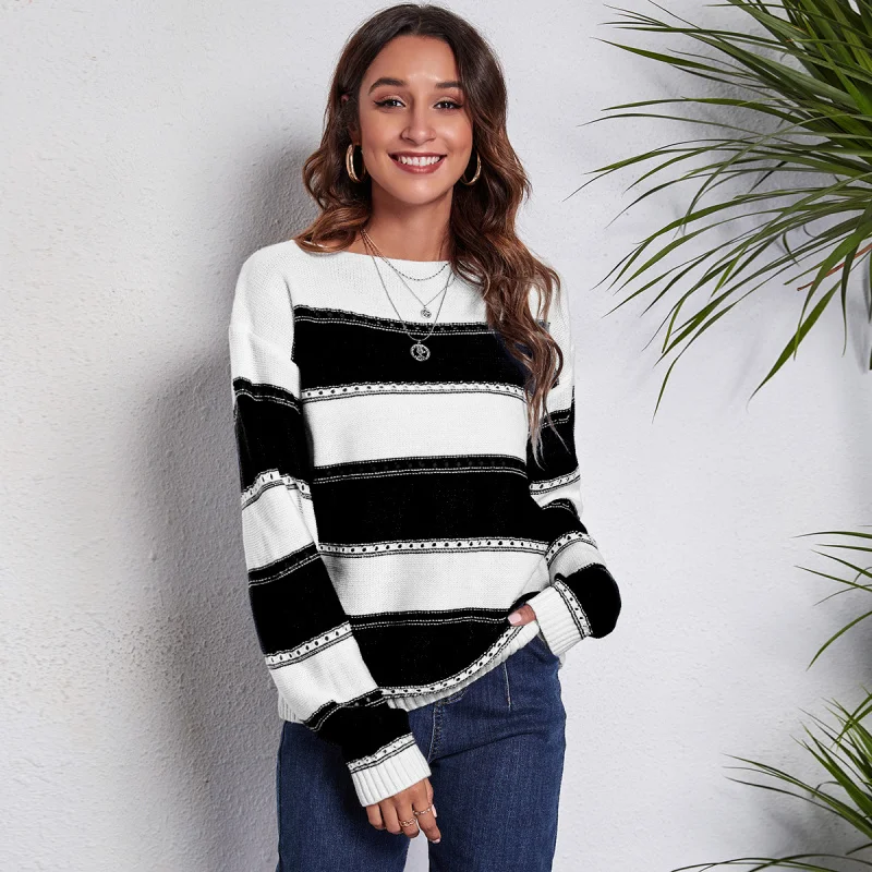 

Striped Hollow Out Collar Long Sleeve Autumn Winter New European and American Knitted Sweater Women's Clothing