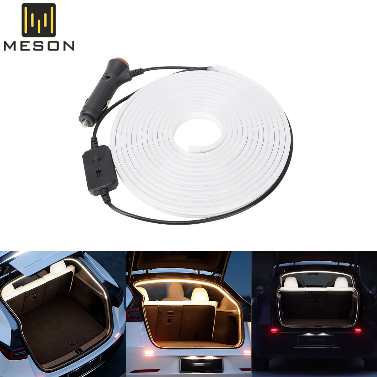 Fita de Luz Ambiente LED Flexível de 4,3m com Conector de Cigarro 12V para Tesla Model Y 3, Lâmpada Decorativa Interna de Silicone para Porta-Malas e Porta-Malas Dianteiro