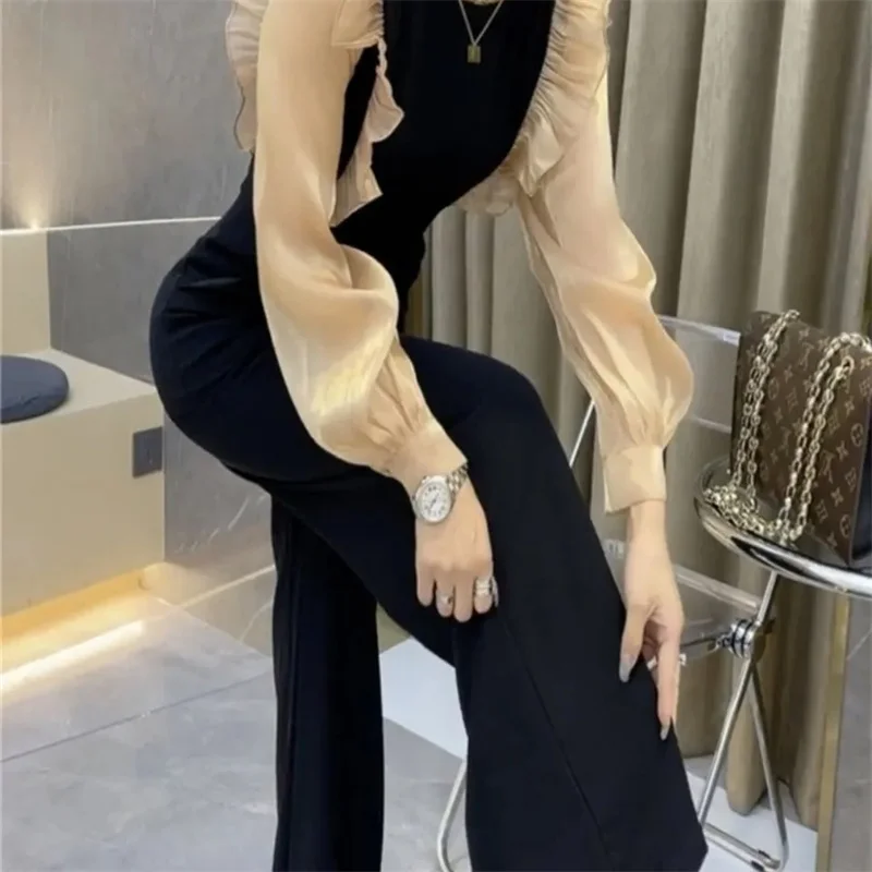 Net Red Temperament Ladies Jumpsuit Female 2024 Spring New Fungus Edge Waist Waist Show Thin Wide Leg Jumpsuit Suit