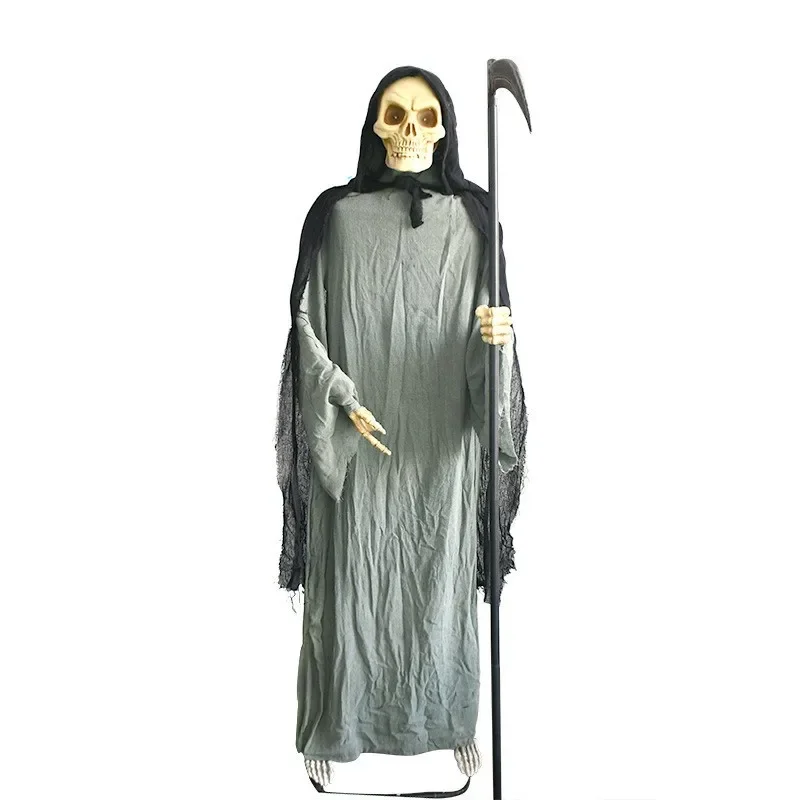 [Funny] Large size Halloween Terror standing posture Sickle death LED Light and sound Figurine toys Decor House Party Props