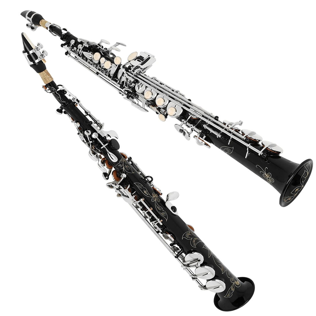 SLADE Black Soprano Saxophone Standard Bb Straight Soprano Saxophone Brass Body Carved White Shell Keys Sax with  Strap Gloves