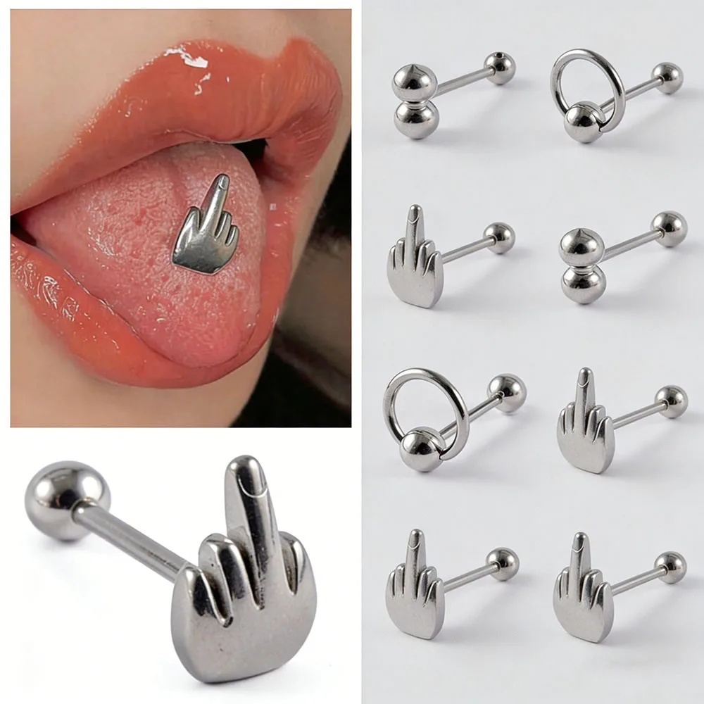 1PC Stainless Steel Silvery Middle Finger Tongue Ring 8 Shape Ball Tongue Barbell Slave Ring Forbidden Body Piercing Jewelry 14G