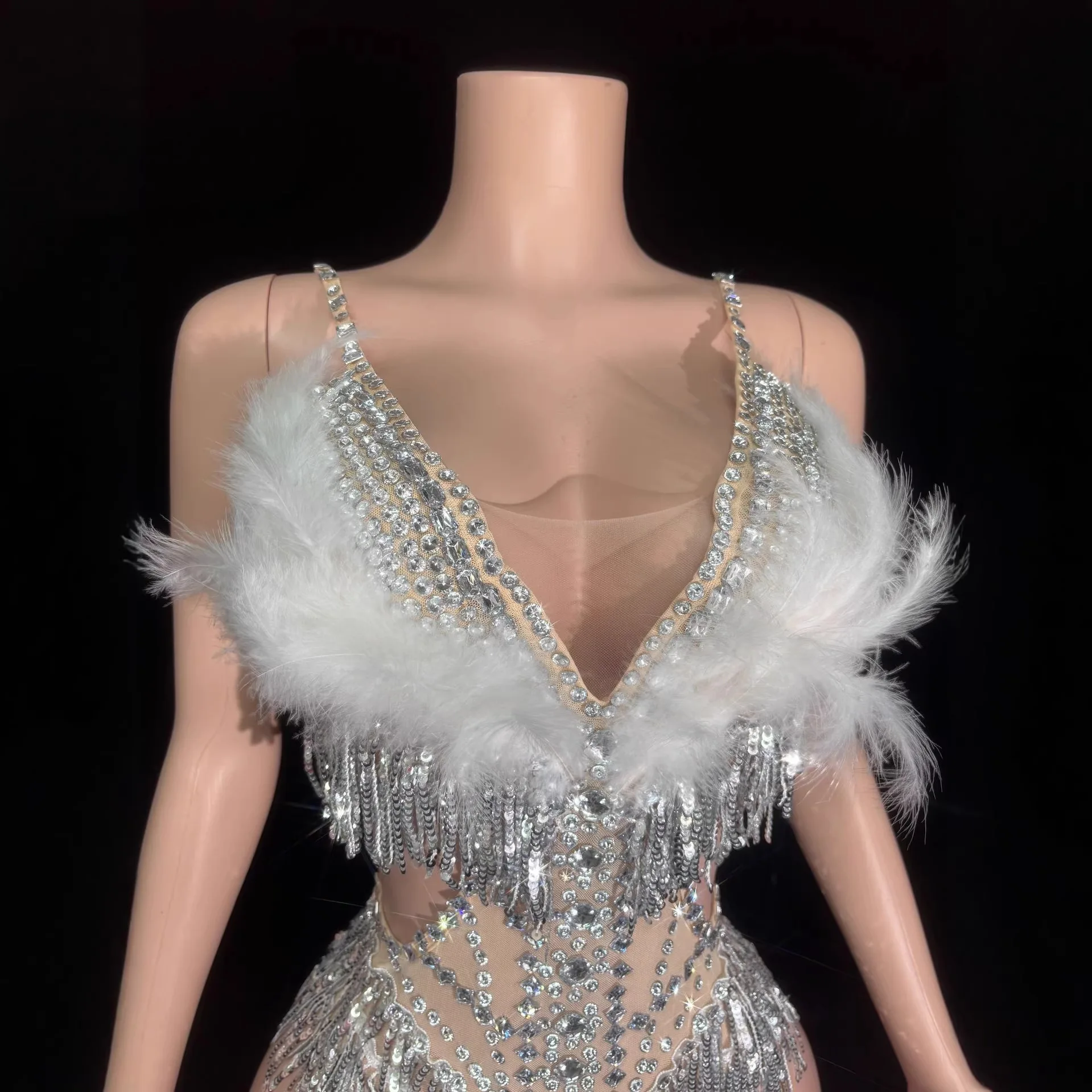 Shiny rhinestone fringed stage performance outfit sexy feather one-piece dress stage performance costume