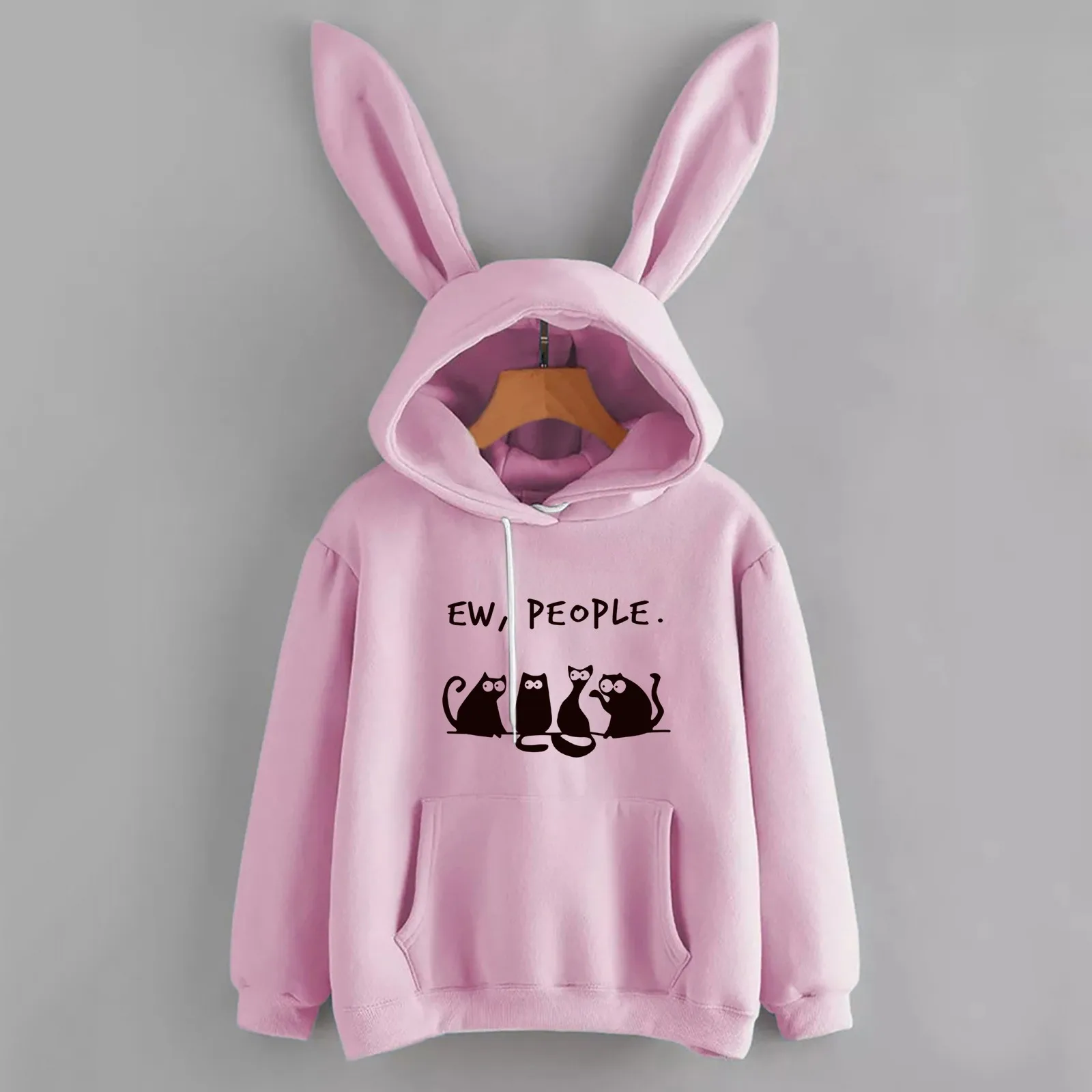 

2024 Women's Sweatshirts Casual Loose Drawstring Bunny Ear Hoodie Cat Printing Pockets Blouses Loose Casual Ladies Tops