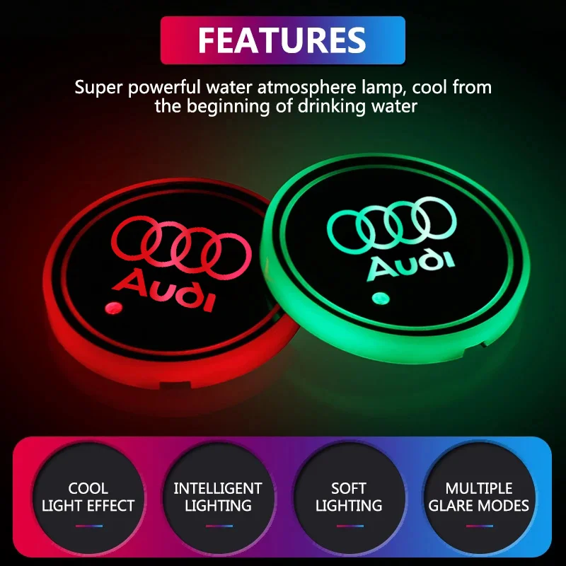 

Led Water Cup Lights Anti-Slip Coaster Auto Atmosphere Lamp For Audi A1 A3 A4 A5 A6 B5 B6 B7 B8 C5 C6 C7 A7 A8 Q3 Q5 Q7 TT 8V RS