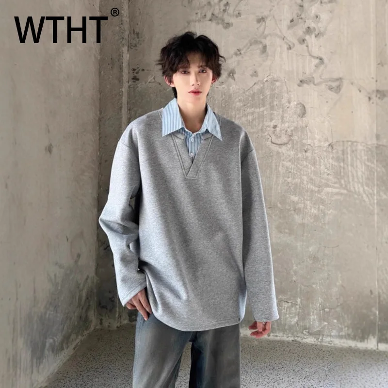 

Мужская модная футболка WTHT с имитацией двухслойности, в полоску, с контрастными вставками, с длинными рукавами, лето 2026, 2A2953