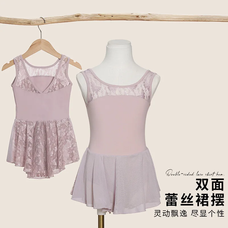 1 unids/lote niños moda encaje gasa patchwork ballet danza leotardo niña sólido verano entrenamiento vestido de baile