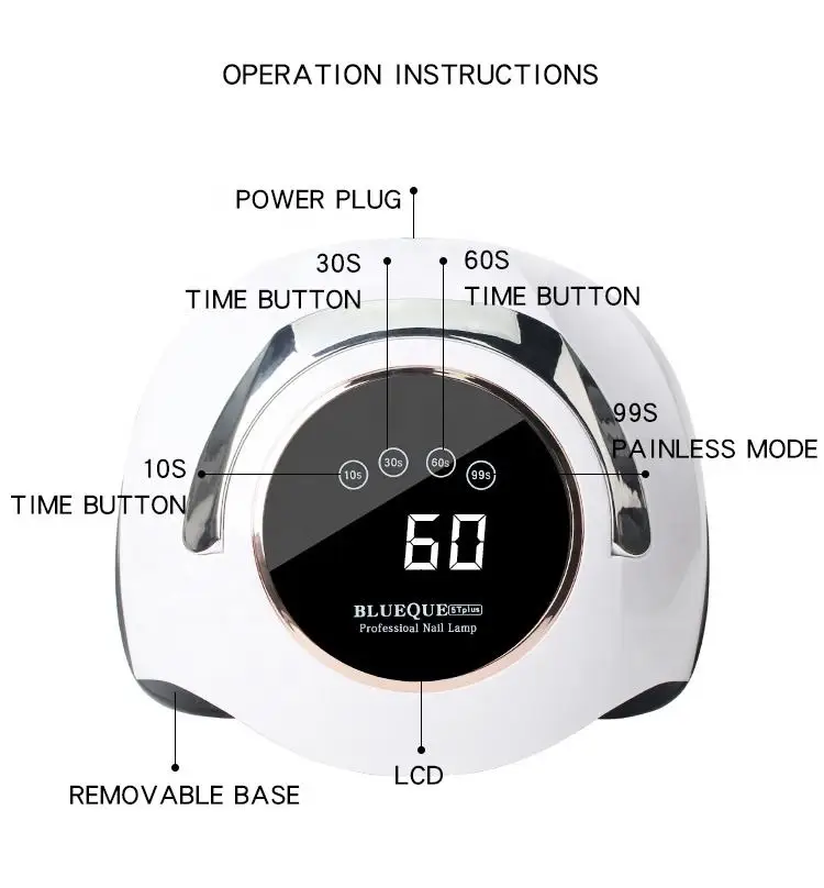 Caja de papel para uñas BLUEQUE 5TPLUS, lámpara portátil de 180W, secador de uñas táctil de alta potencia, 60 cuentas, lámpara de uñas extraíble