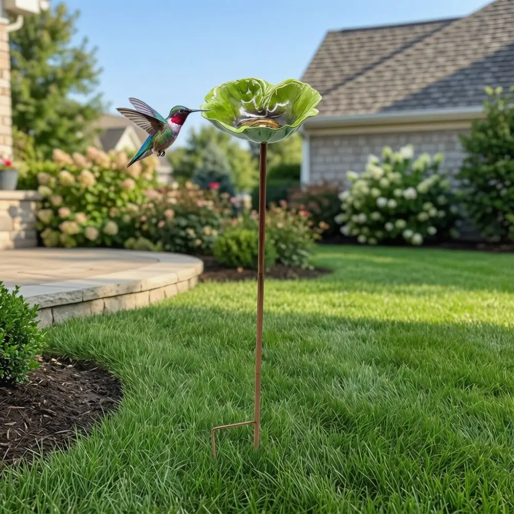 Metal Bird Bath Stand Flower Shaped Colorful Garden Insect Birdbath Ground Insert Iron Art Flower Garden Stake