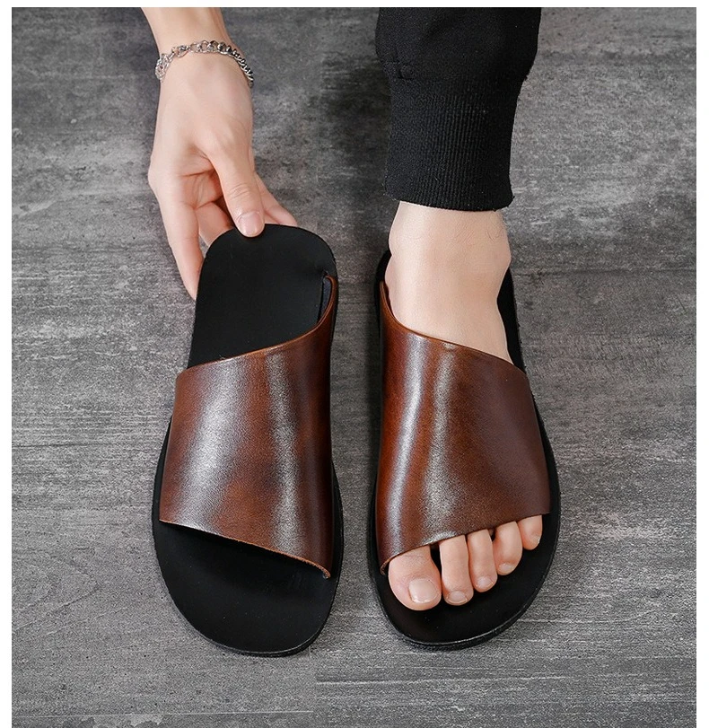

Genuine Leather Mens Fashion Slippers Luxury Breathable 2026 Summer Handmade New Fashion Outdoor Beach Shoes for Male Size 44