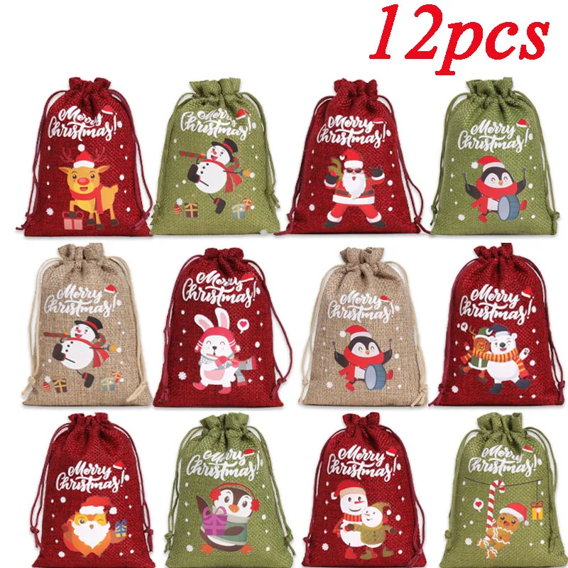 12 Stück Weihnachtsbeutel mit Kordelzug, Leinen, farbig, Süßigkeiten, Kekse, Beutel für Party, Bar, Zuhause, Urlaub, Dekor, Neujahr, Geschenkverpackung