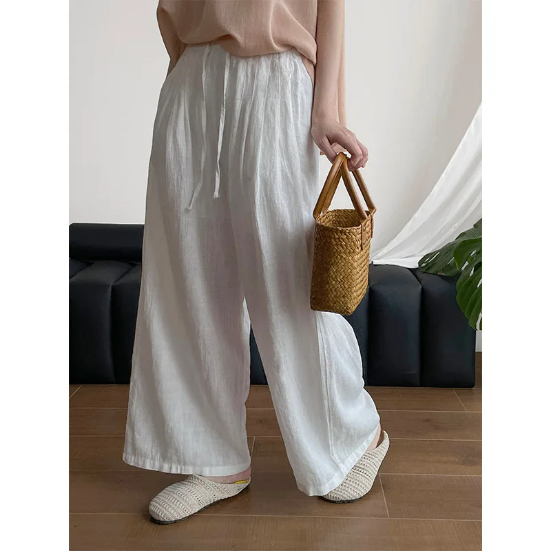 

Summer Linen Pants For Women With Relaxation, High Waist Drawstring Casual Wide Leg Pants