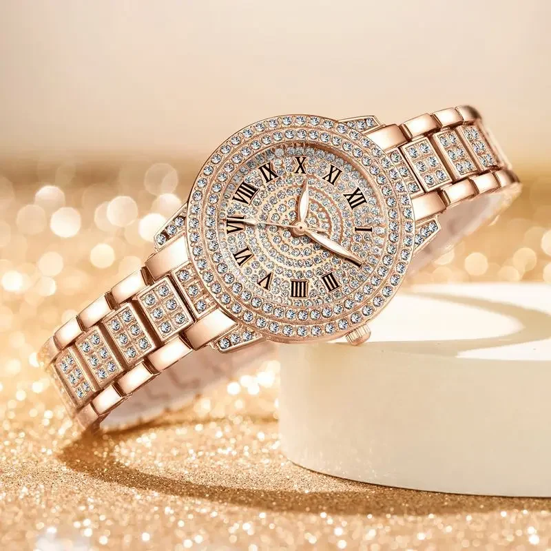 Classic Golden Watch Women Luxury Wristwatches Relojes Para Mujer Fashion Women Alloy Strap Round Rhinestone Dail Quartz Watches