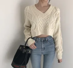 New Autumn and Winter Vintage Fried Dough Twists Pattern Back Strap Japanese Lazy Knitting Sweater