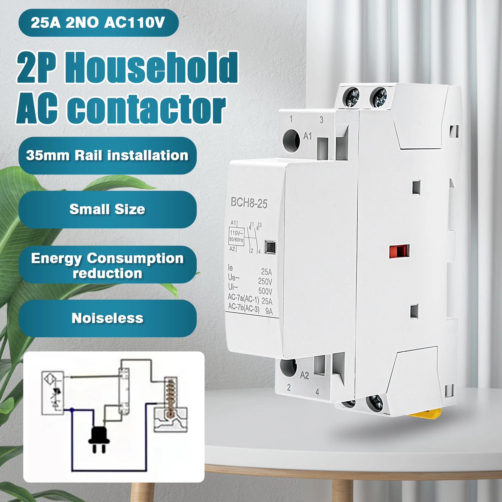 

Din Rail Type AC Contactor 2P 25A 2NO 60Hz Automatic Household Contactor AC110V for Smart Home Household Modular AC Contactor